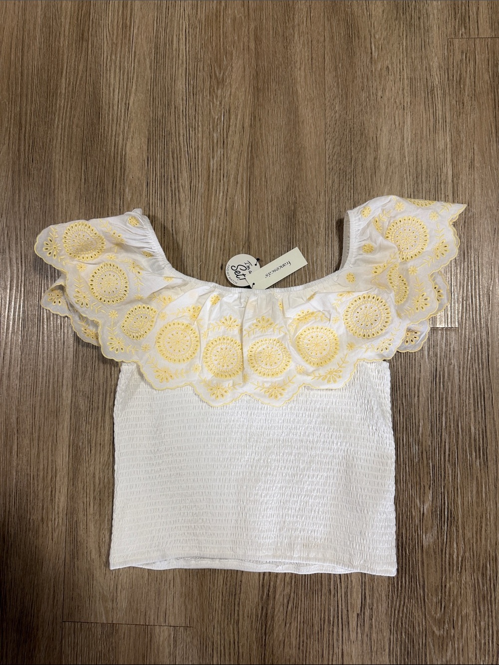 Francesca White Off-Shoulder Eyelet Top with Yellow Embroidery XL